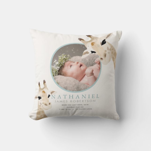 Mom & Baby Giraffe Blue Photo Baby Stats Throw Pillow (Front)