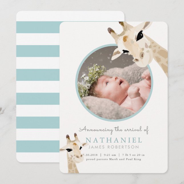 Mom & Baby Giraffe Blue Photo Birth Announcement (Front/Back)