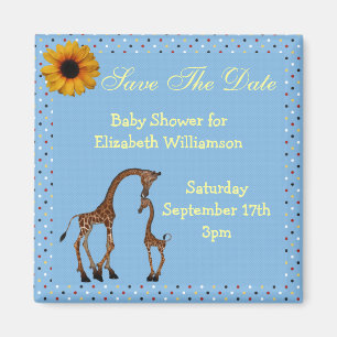 Mom & Baby Giraffe Blue Save the Date Baby Shower Magnet
