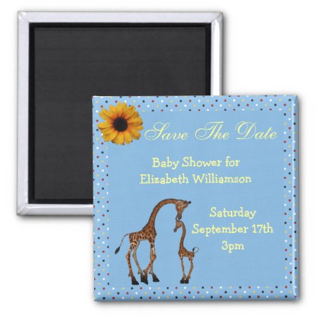 Mom & Baby Giraffe Blue Save The Date Baby Shower Magnet