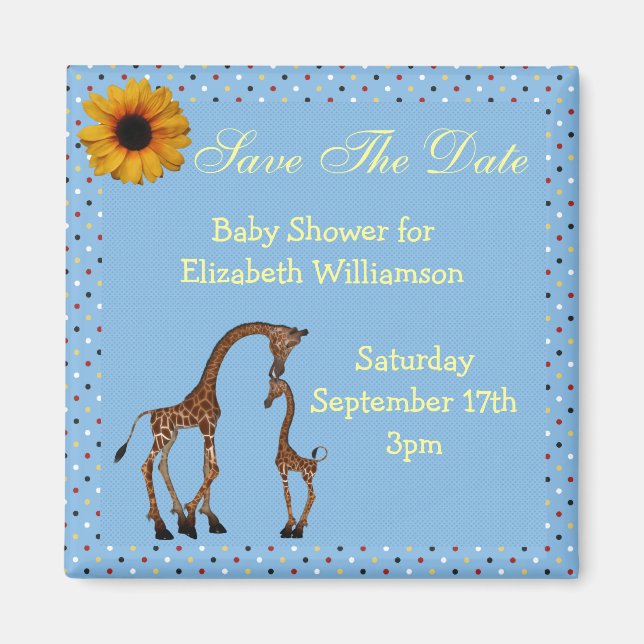 Mom & Baby Giraffe Blue Save the Date Baby Shower Magnet (Front)