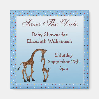 Mom & Baby Giraffe Blue Save the Date Baby Shower Magnet