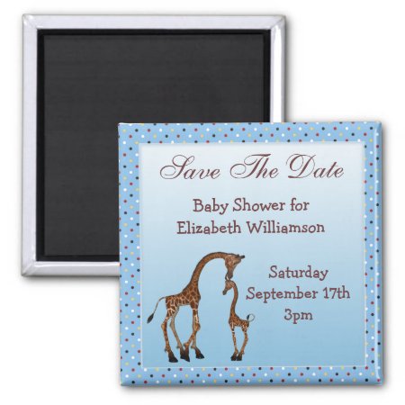 Mom & Baby Giraffe Blue Save The Date Baby Shower Magnet