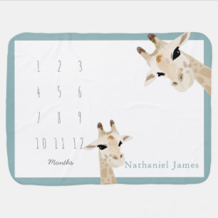 Mom & Baby Giraffe Boy Blue Monthly Milestone Blanket