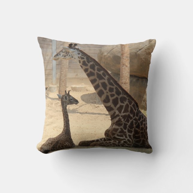 Mom & Baby Giraffe, Earthtone Throw Pillow (Front)