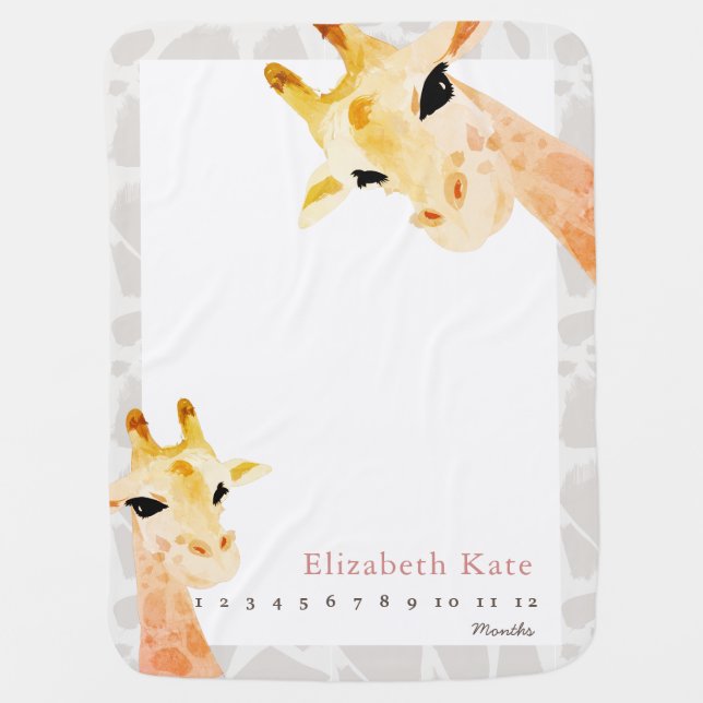 Mom & Baby Giraffe Girl Monthly Milestone Baby Blanket (Front)
