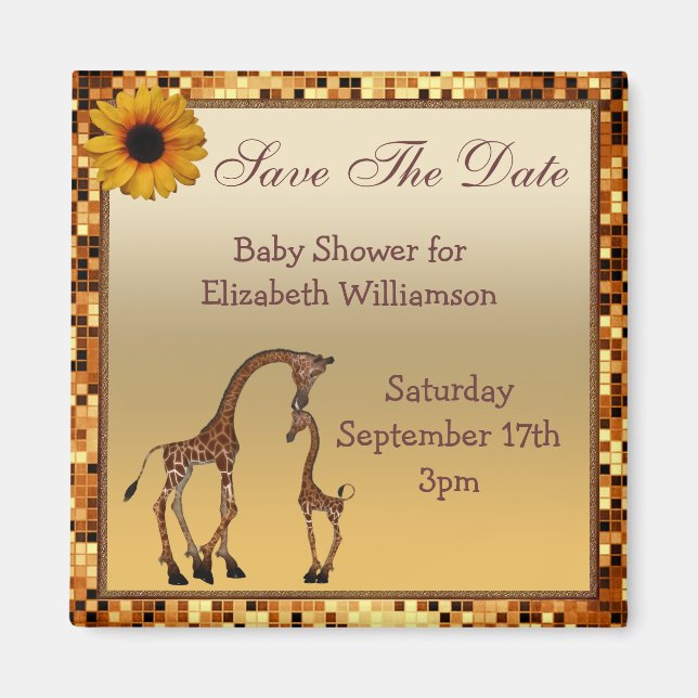 Mom & Baby Giraffe Gold Save the Date Baby Shower Magnet (Front)