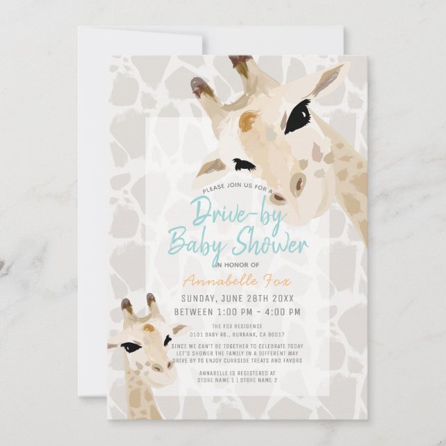 Mom & Baby Giraffe Greige Drive-by Baby Shower Invitation (Front)