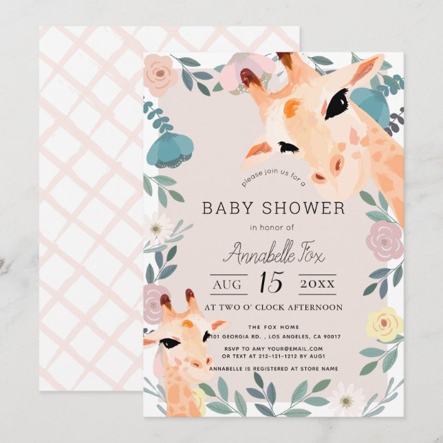 Mom & Baby Giraffe Pink Floral Baby Shower Invitation (Front/Back)