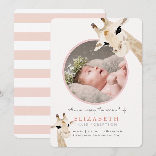 Mom & Baby Giraffe Pink Photo Birth Announcement (Front/Back)