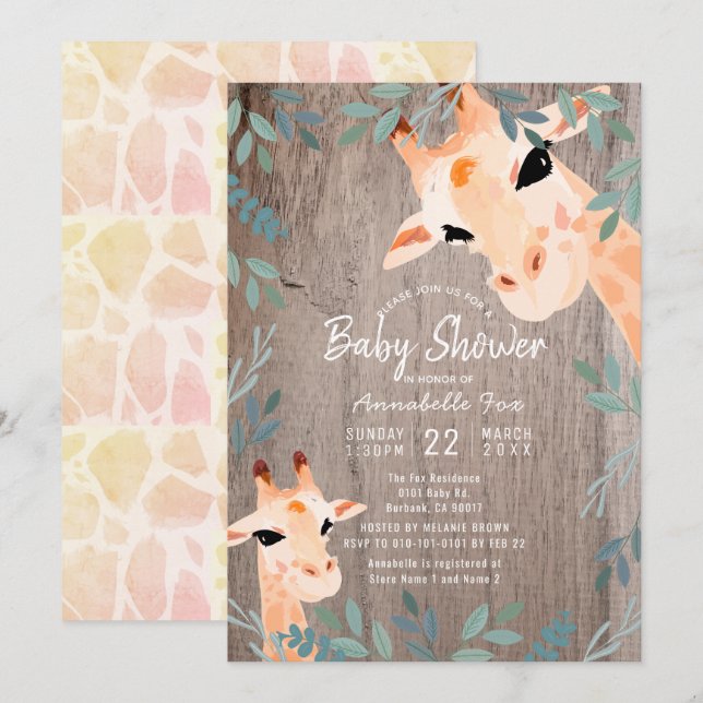 Mom & Baby Giraffe Rustic Wood Baby Shower Invitation (Front/Back)