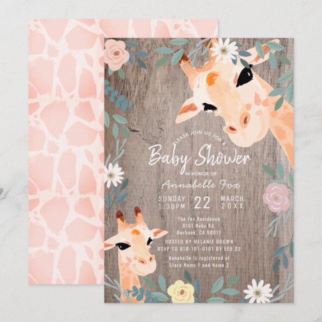 Mom & Baby Giraffe Rustic Wood Floral Baby Shower Invitation (Front/Back)