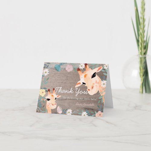 Mom  Baby Giraffe Wood Floral Baby Shower Thank You Card