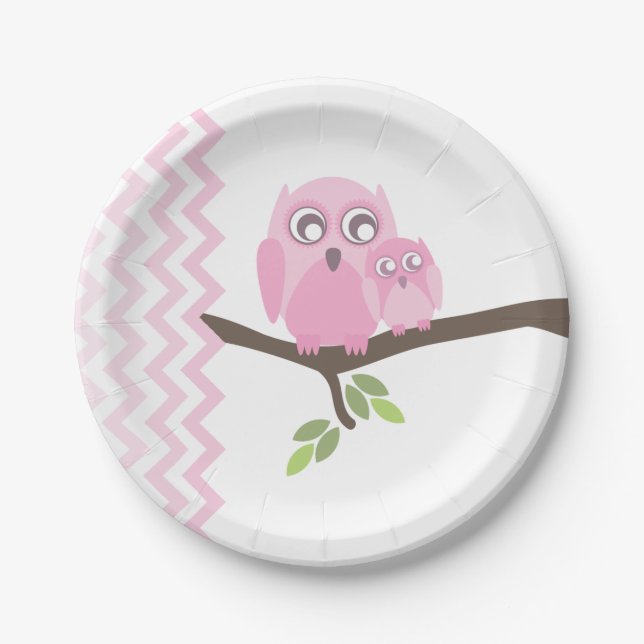Mom + Baby Girl Owl Baby Shower Paper Plates (Front)