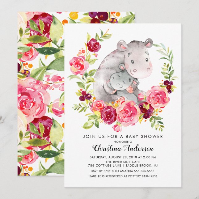 Mom & Baby Hippo Baby Shower Invitation (Front/Back)