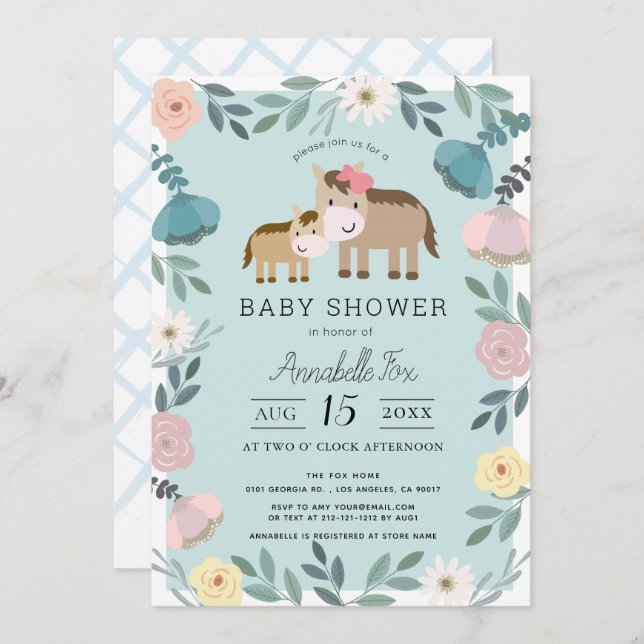 Mom & Baby Horse Blue Floral Garden Baby Shower Invitation (Front/Back)