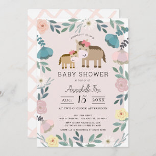 Mom & Baby Horse Pink Floral Garden Baby Shower Invitation