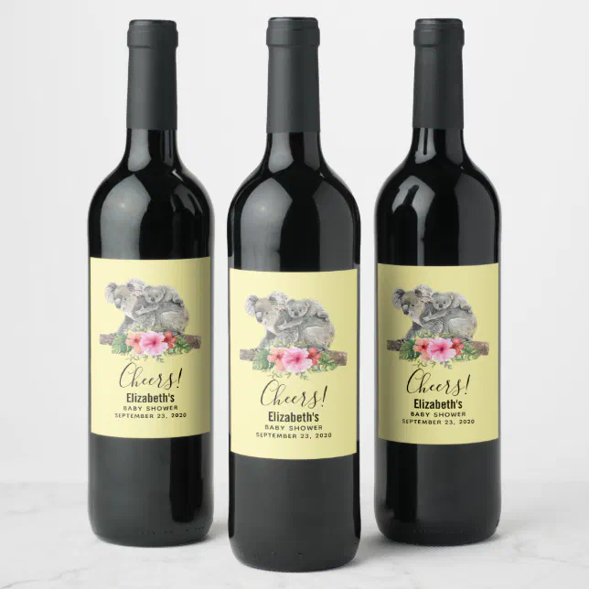 Mom & Baby Koala Bears Cute Watercolor Baby Shower Wine Label | Zazzle