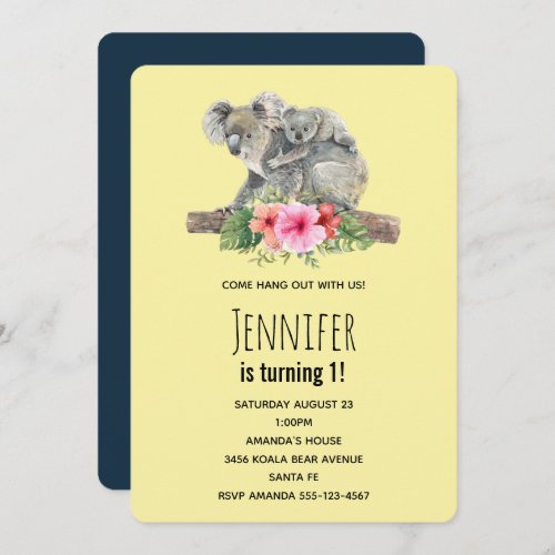 Mom  Baby Koala Bears Cute Watercolor Birthday Invitation