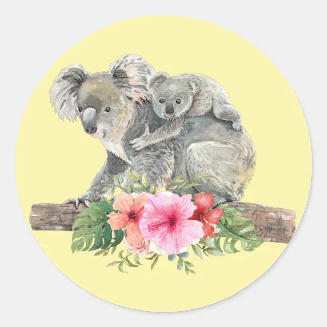 Mom & Baby Koala Bears Cute Watercolor Classic Round Sticker | Zazzle