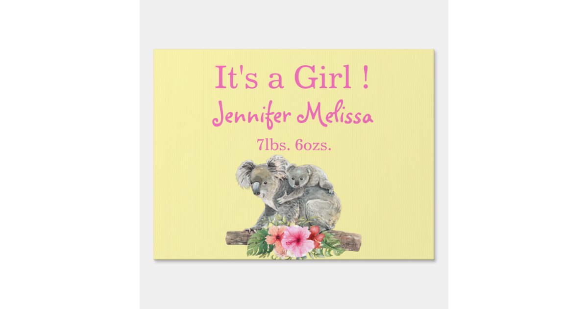 Mom & Baby Koala Bears Cute Watercolor It's a Girl Sign | Zazzle