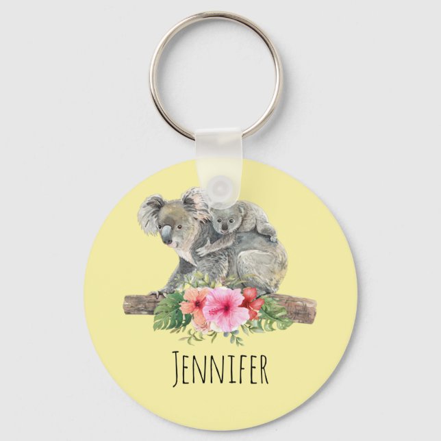 Mom & Baby Koala Bears Cute Watercolor Keychain (Front)