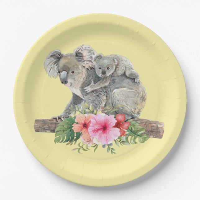 Mom & Baby Koala Bears Cute Watercolor Paper Plates (Front)