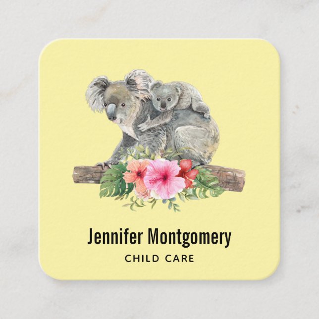 Mom & Baby Koala Bears Cute Watercolor Square Business Card (Front)