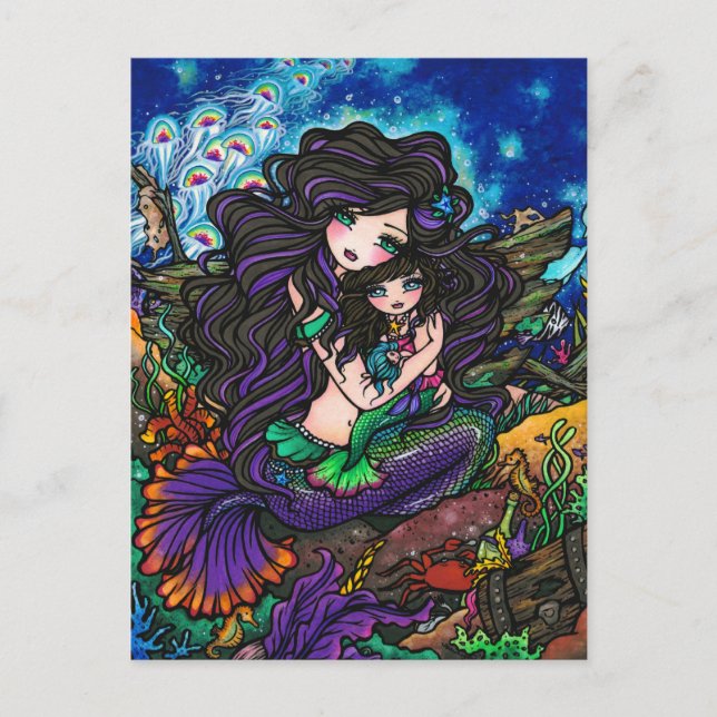 Mom & Baby Mermaid Fantasy Marine Art Postcard (Front)