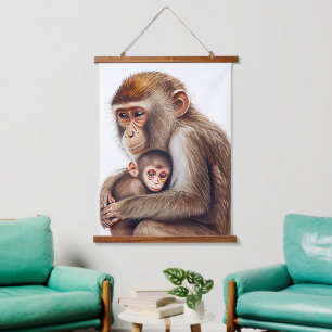 Mom & Baby Monkey Watercolor Hanging Tapestry