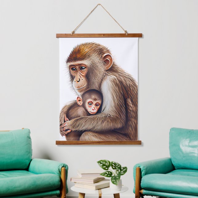 Mom & Baby Monkey Watercolor Hanging Tapestry (Living Room)