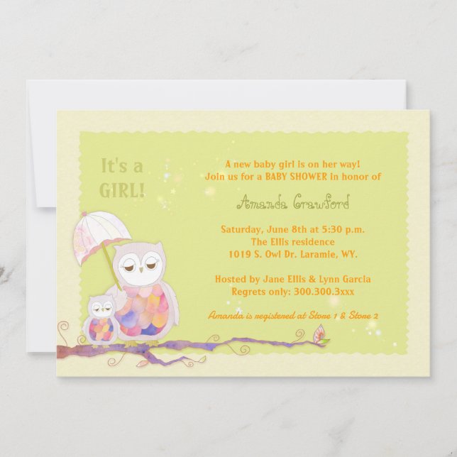 Mom & Baby Owls Green Baby Girl Shower Invitation (Front)