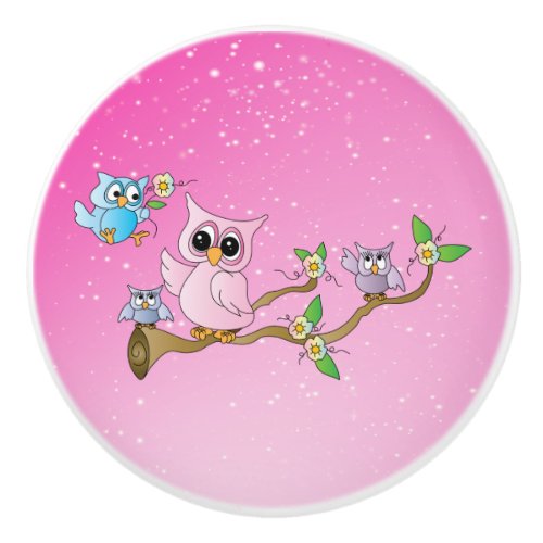 Mom  Baby Owls on Pink Sparkly Background Ceramic Knob