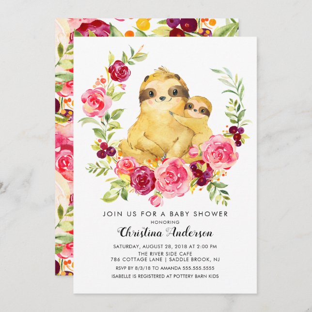 Mom & Baby Sloth Baby Shower Invitation (Front/Back)
