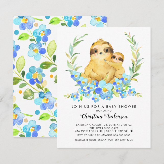Mom & Baby Sloth Baby Shower Invitation (Front/Back)