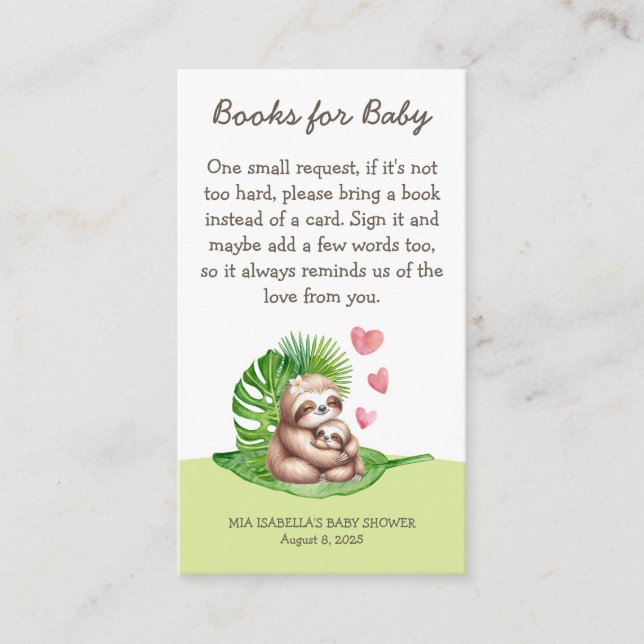 Mom & Baby Sloth - Books For Baby - Shower Card (Front)