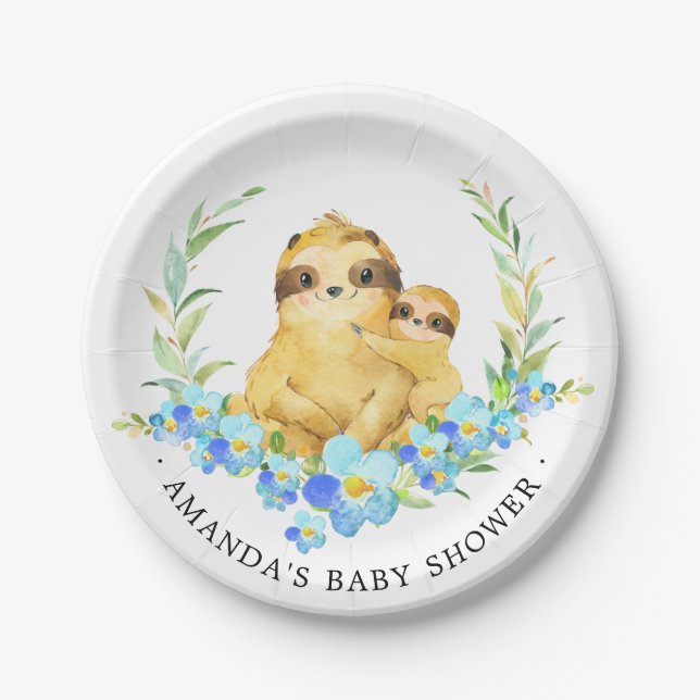 Mom & Baby Sloth Boys Baby Shower 7" Plate (Front)