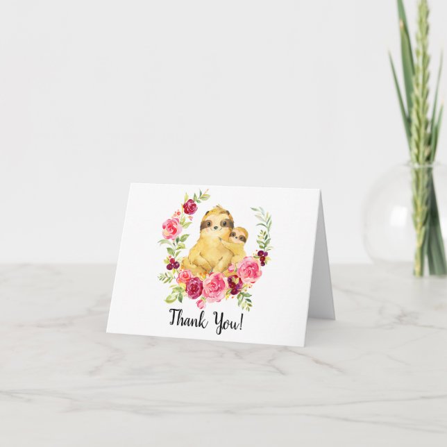 Mom & Baby Sloth Girls Shower Thank You Note Card (Front)