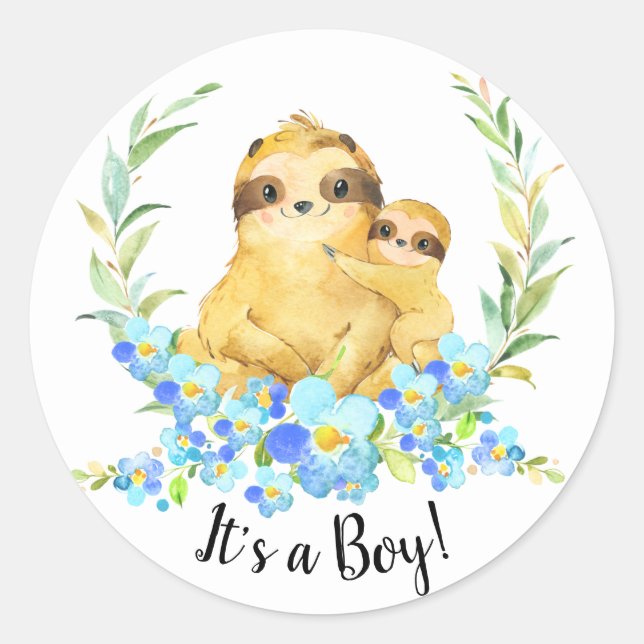 Mom & Baby Sloth It' a BOY Favor Sticker (Front)