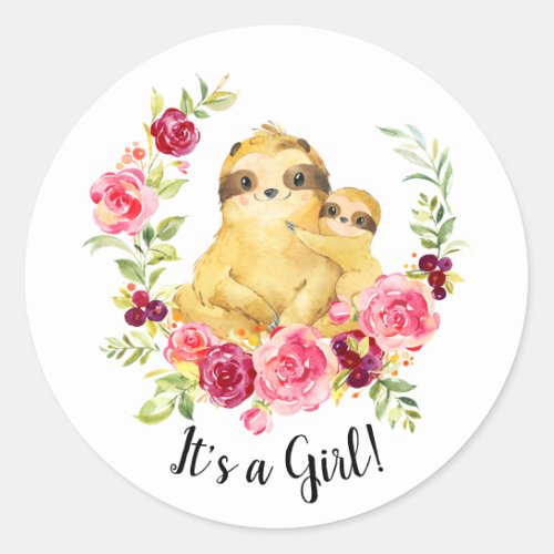 Mom  Baby Sloth It a Girl Favor Sticker
