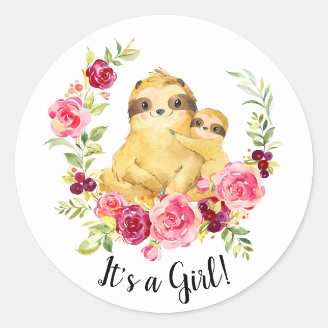 Mom & Baby Sloth It' a Girl Favor Sticker (Front)