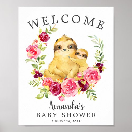 Mom  Baby Sloth Welcome Baby Shower Poster