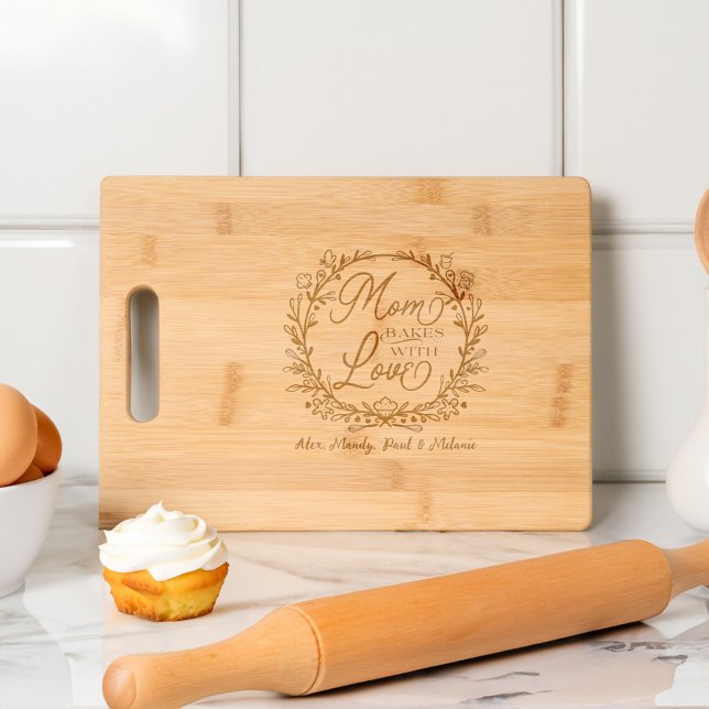 Mom Bakes with Love Personalized Baking Crest  Engraved Cutting Board (Mom Bakes with Love Personalized Baking Crest Cutting Board)
