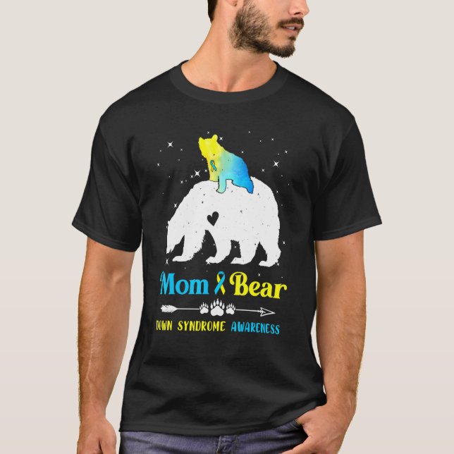 Mom Bear Down Syndrome Awareness Blue Yellow Ribbo T-Shirt (Front)