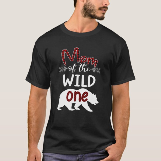 Mom Bear Of The Wild One Red Plaid Funny 1St Birth T-Shirt (Front)