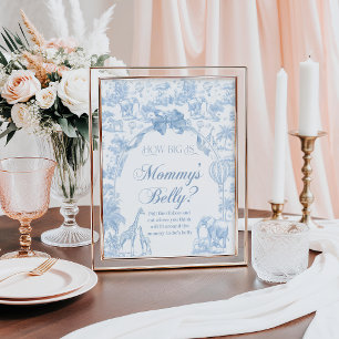 Mom Belly Blue Toile Safari Animal Baby Shower Poster