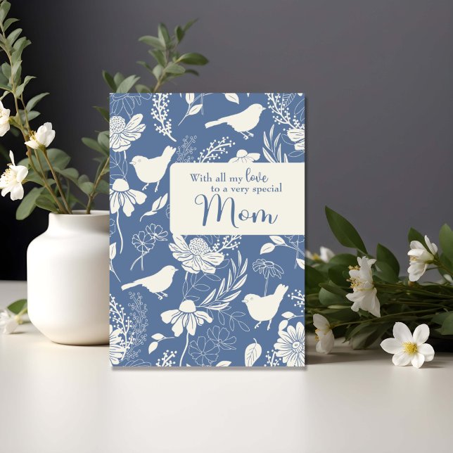 Mom Birthday Blue Birds and Blossoms  Card (Creator Uploaded)