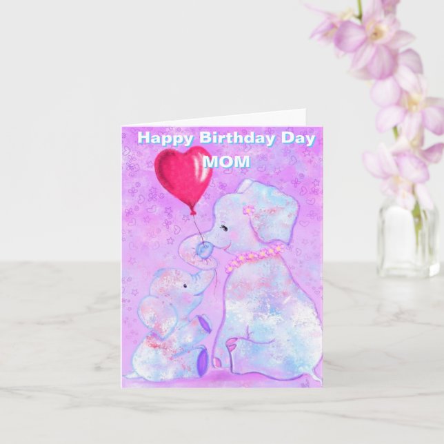 Mom Birthday Card Cute Elephant Baby with Mom (Orchid)