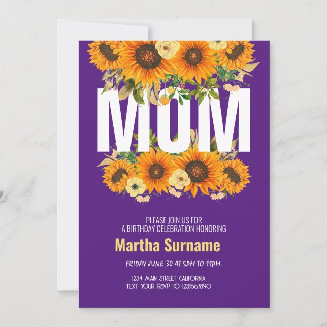 Mom Birthday Celebration Purple Floral Flowers Invitation (Front)
