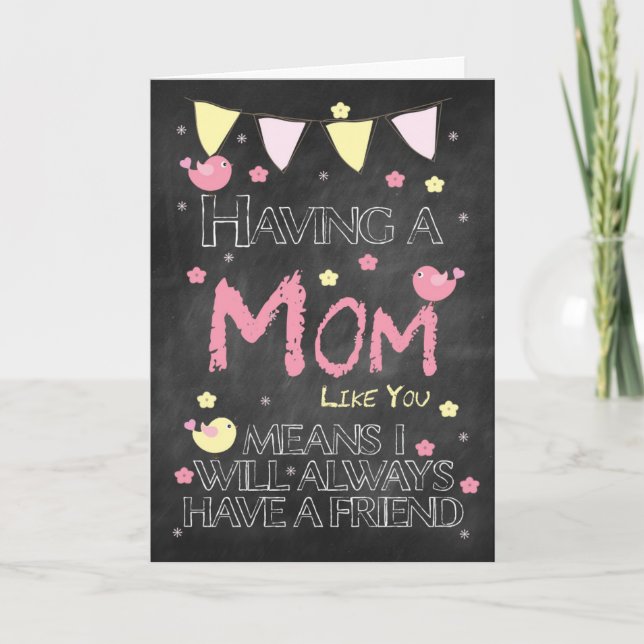 Mom Birthday Chalkboard With Little Birds Flowers Card (Front)